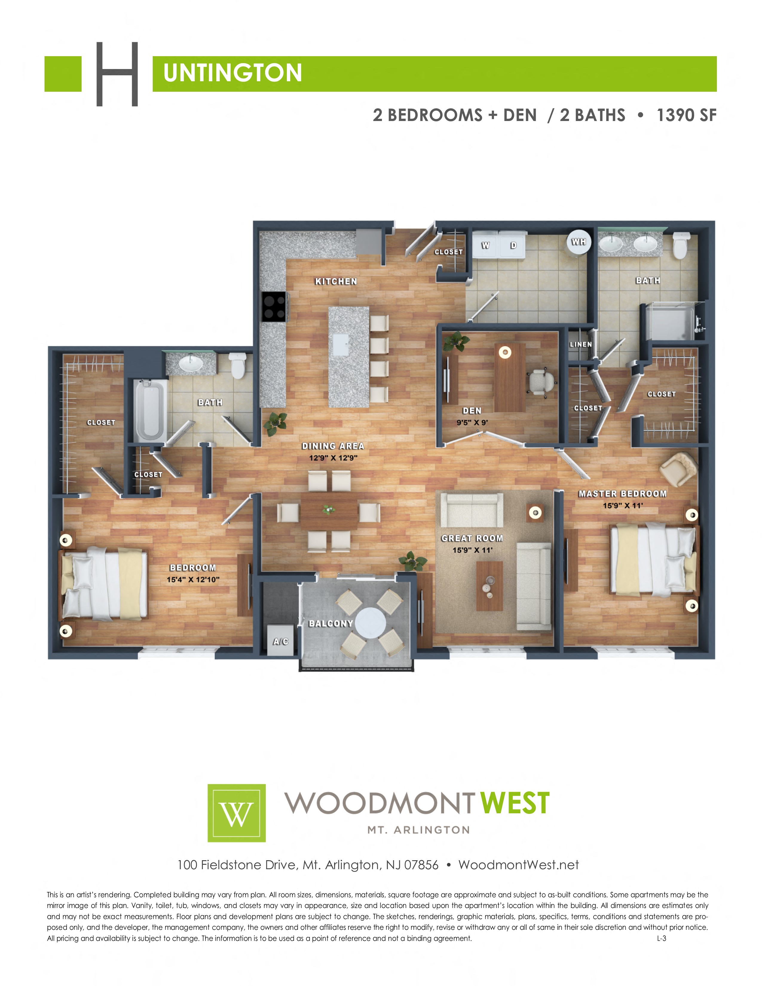 Floor plan for 2 beds, 2 baths, 1390 sqft